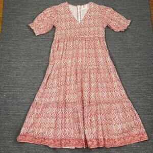 Victoria Dunn Dress Women Large Pink Geometric Maxi Tiered Puff Sleeves V-Neck